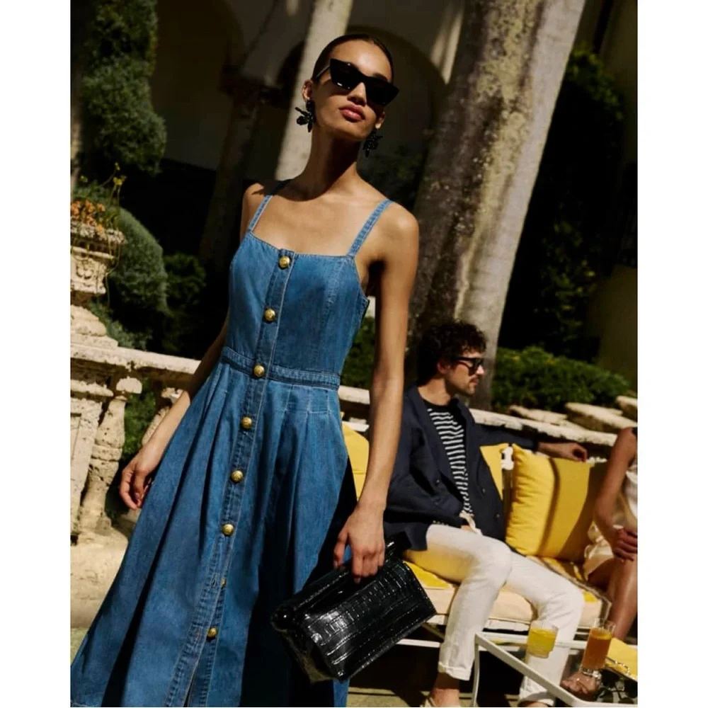 L'agence Esmeralda Pinafore Denim Midi Dress 8 Raleigh Parisian Chic Preppy NWT - Picture 5 of 15